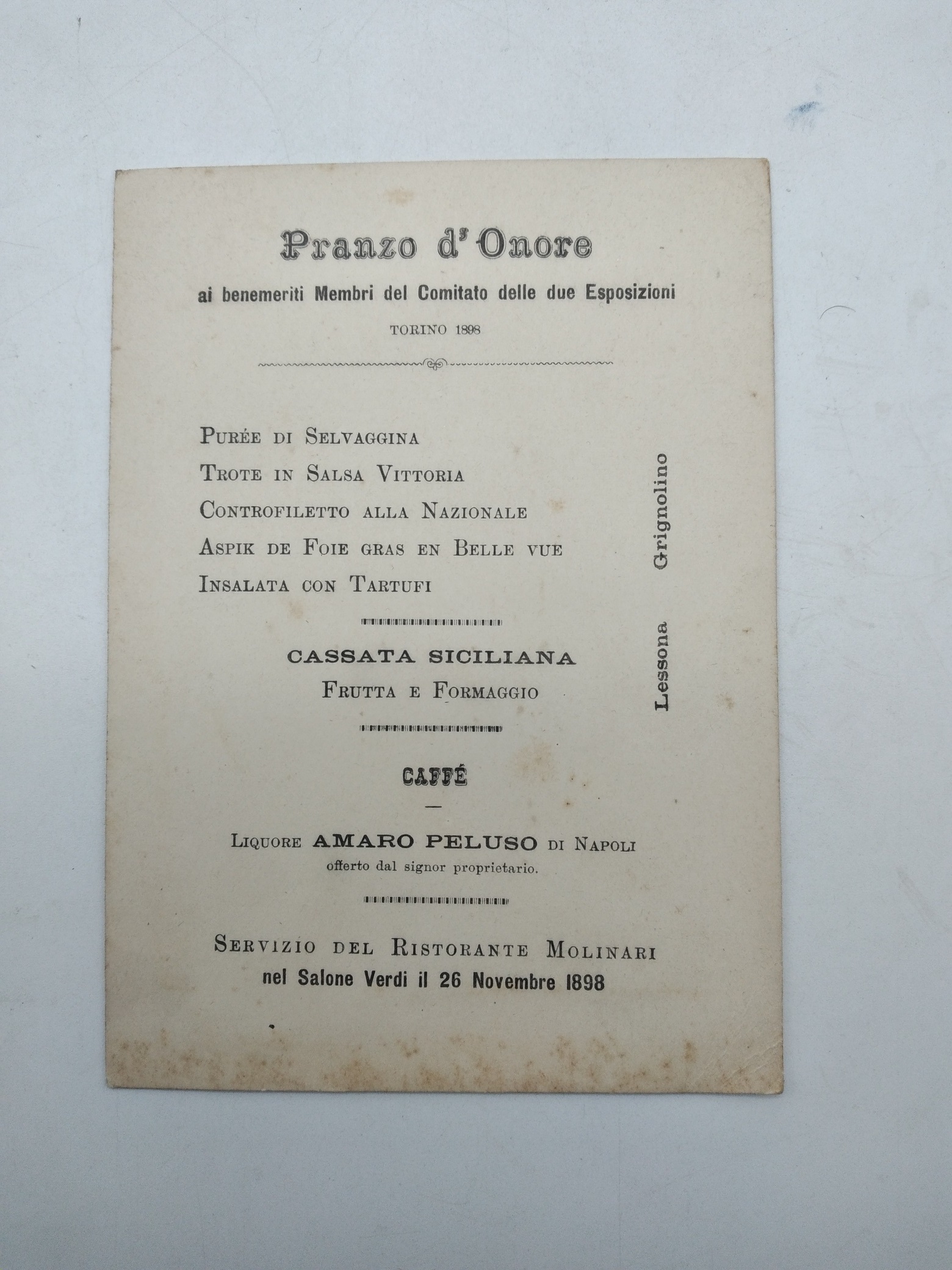 Pranzo d'onore ai benemeriti del Comitato delle due esposizioni. Torino 1898. (Menù)